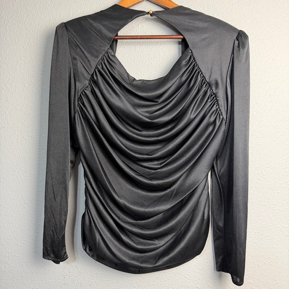 Vtg Abby Kent Black Long Sleeve Ruched Sequin Flower Cutout Back Party Top 14 - Picture 2 of 13